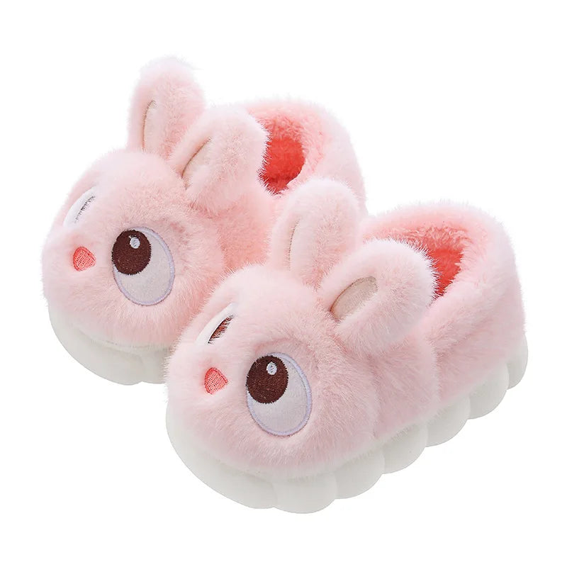 Winter Children's Cotton Shoes 2025 New Cute Rabbits Warm Plush Girls' Slippers Faux Fur Anti Slip Flat Boys' Home Slippers