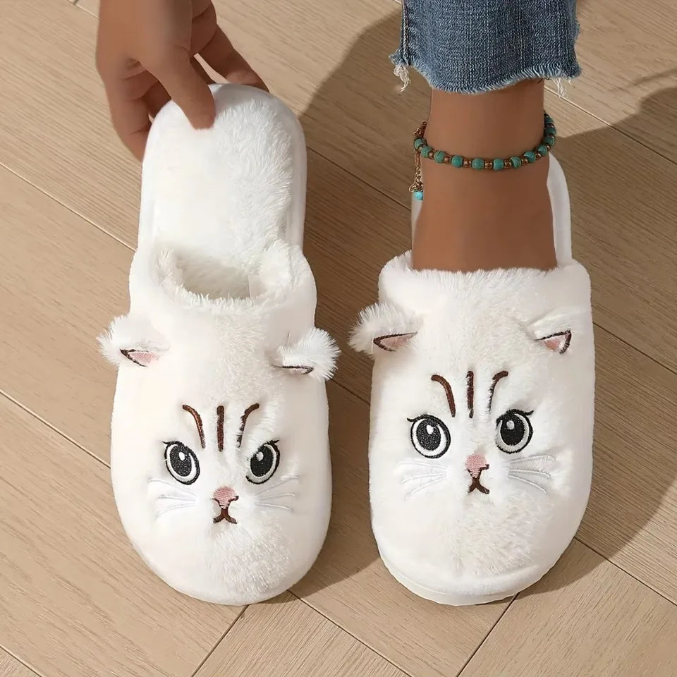 Womens Plush Cat Slippers Winter Warm Cozy Indoor House Shoes Soft EVA Sole Non-Slip Design