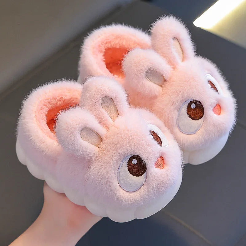 Winter Children's Cotton Shoes 2025 New Cute Rabbits Warm Plush Girls' Slippers Faux Fur Anti Slip Flat Boys' Home Slippers