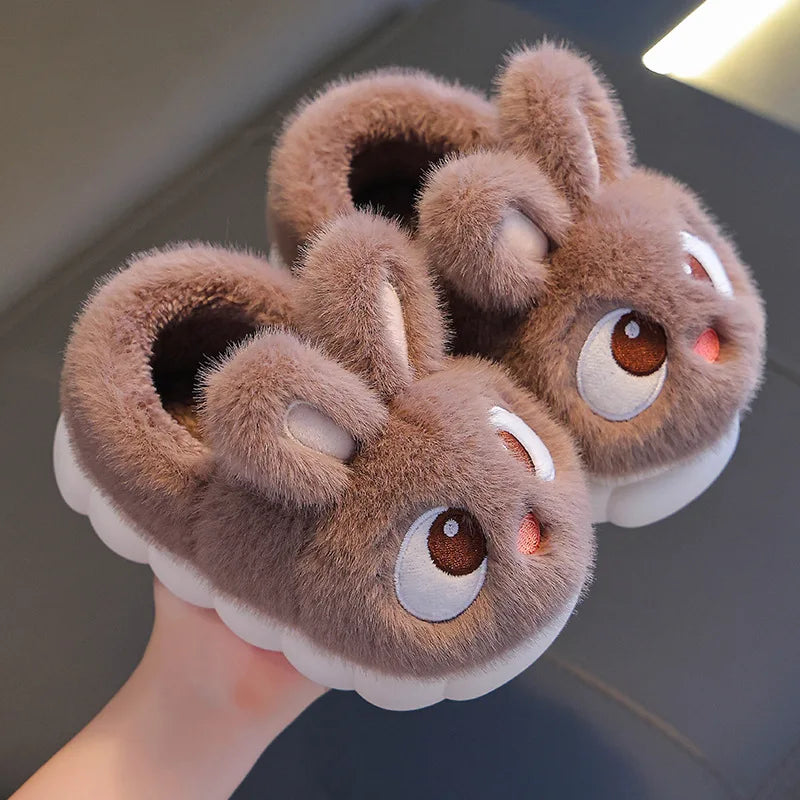 Winter Children's Cotton Shoes 2025 New Cute Rabbits Warm Plush Girls' Slippers Faux Fur Anti Slip Flat Boys' Home Slippers