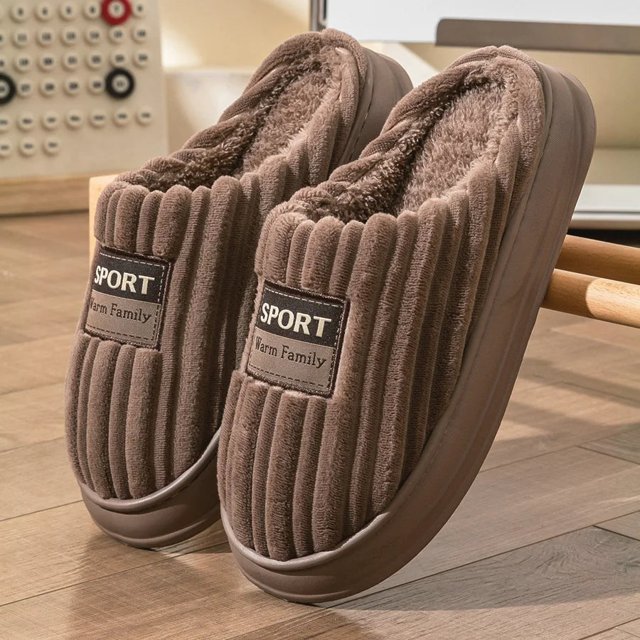 Pmoiste Soft Flannel House Slippers Men Strip Upper Designer Warm Cushion Memory Foam Living Room Shoes Slip-on Winter Indoor