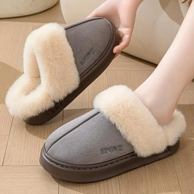 Casual Fluffy Slippers Women House Winter Plush Designer Shoes Ladies Flats Home Warm Fashion Elegant Solid Platform Footwear