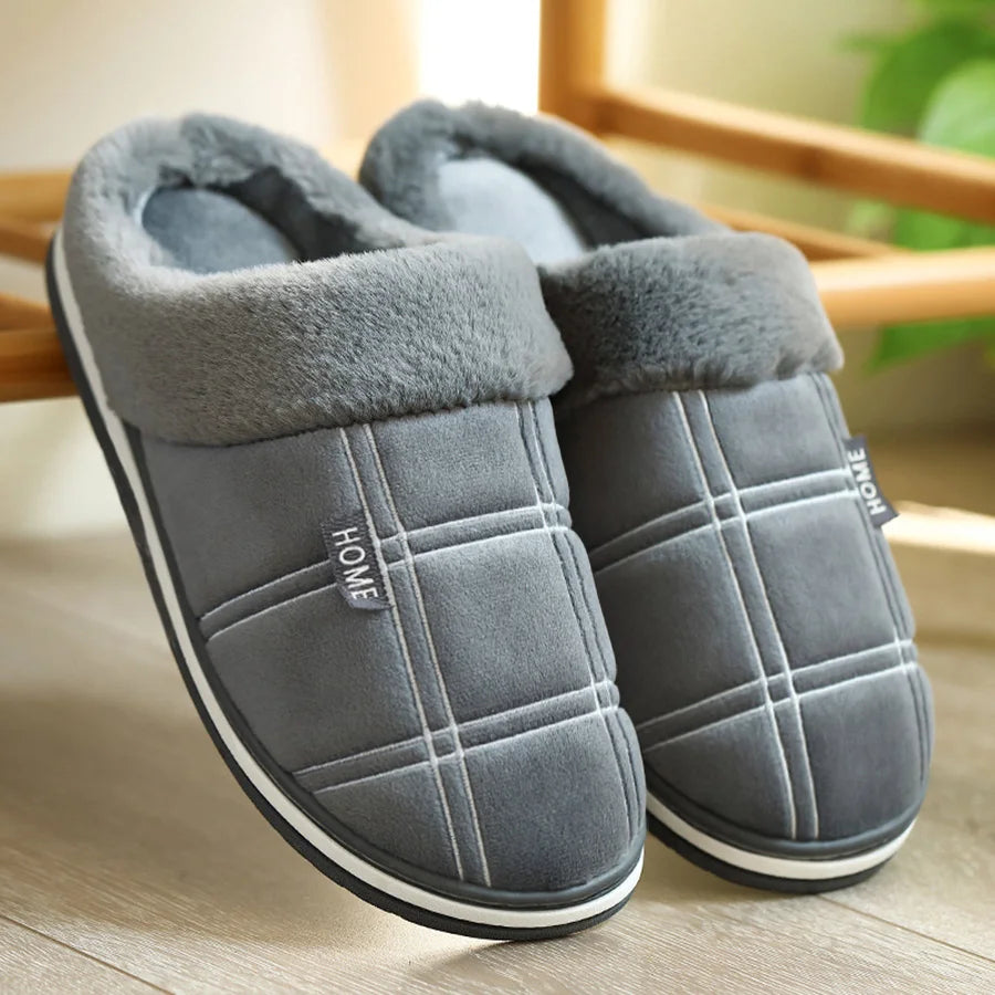Men Home Slippers Plaid Memory Foam Winter Plush Male Indoor Shoes Warm Soft Non-Slip Slippers Black Large size 50-51 Fashion