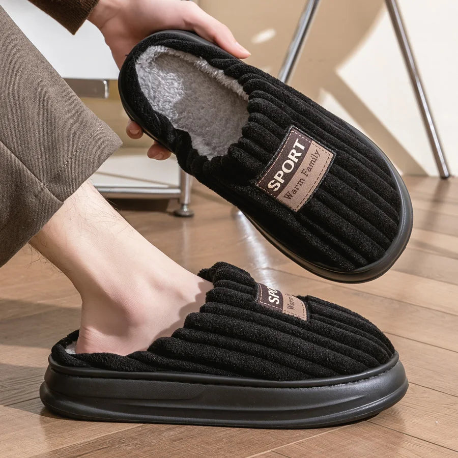 Pmoiste Soft Flannel House Slippers Men Strip Upper Designer Warm Cushion Memory Foam Living Room Shoes Slip-on Winter Indoor