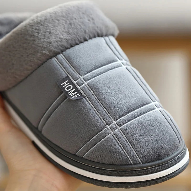 Men Home Slippers Plaid Memory Foam Winter Plush Male Indoor Shoes Warm Soft Non-Slip Slippers Black Large size 50-51 Fashion