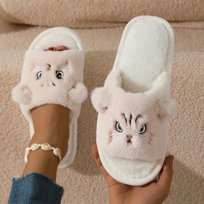 Faux Fur Cat Home Slippers for Couple Winter 2025 Warm Plush Soft Sole House Shoes Woman Plus Size 36-45 Non Slip Indoor Slides
