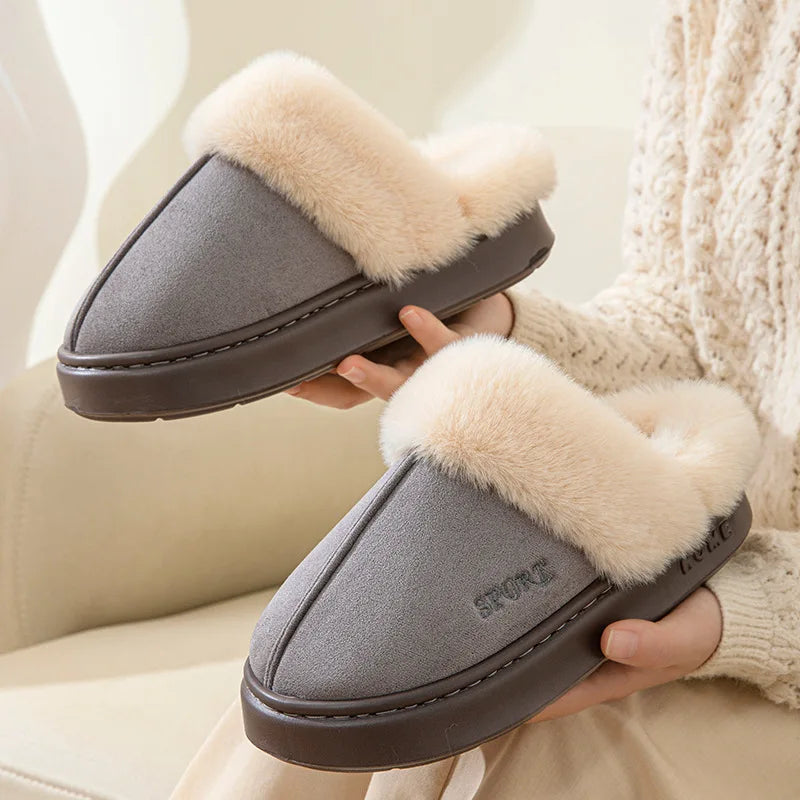 Casual Fluffy Slippers Women House Winter Plush Designer Shoes Ladies Flats Home Warm Fashion Elegant Solid Platform Footwear