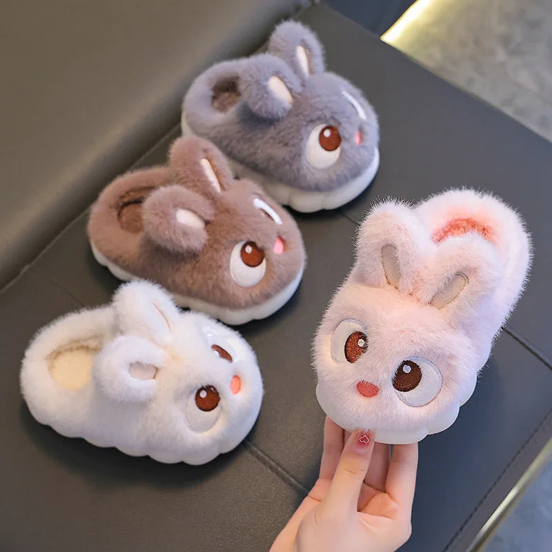 Winter Children's Cotton Shoes 2025 New Cute Rabbits Warm Plush Girls' Slippers Faux Fur Anti Slip Flat Boys' Home Slippers