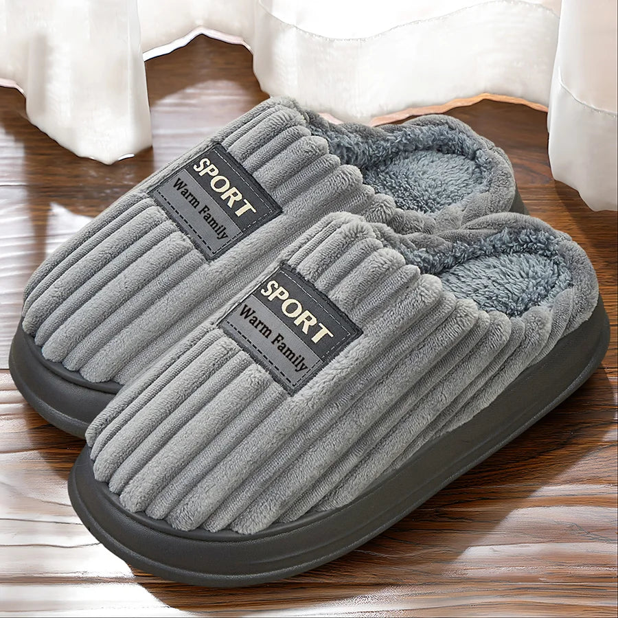 Pmoiste Soft Flannel House Slippers Men Strip Upper Designer Warm Cushion Memory Foam Living Room Shoes Slip-on Winter Indoor