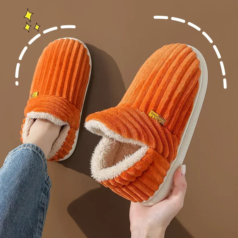 Winter Couple Style Concise Solid Color Wrap Heels Plush Slippers Non-slip Warm Flip Flops Women Men Home Casual Cotton Shoes
