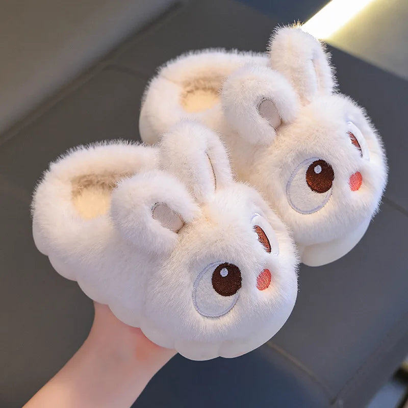 Winter Children's Cotton Shoes 2025 New Cute Rabbits Warm Plush Girls' Slippers Faux Fur Anti Slip Flat Boys' Home Slippers