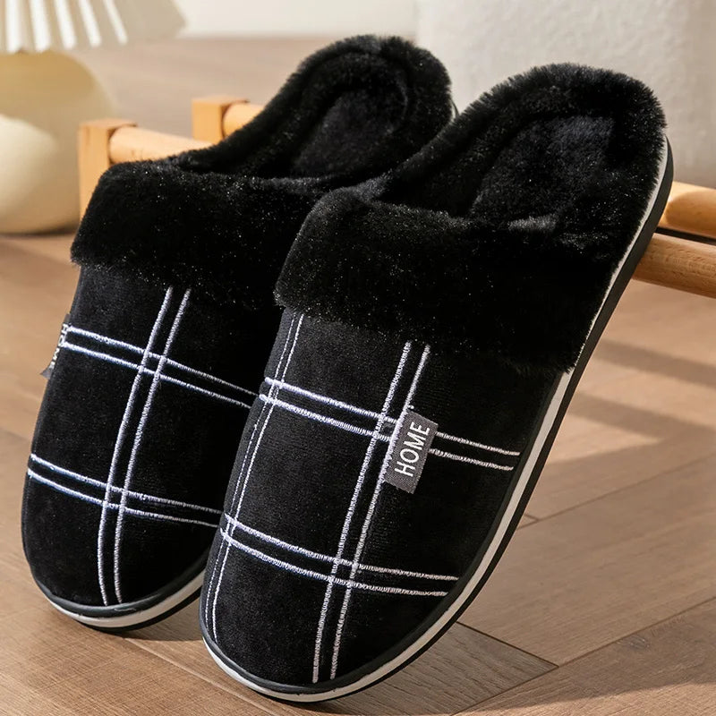 Men Home Slippers Plaid Memory Foam Winter Plush Male Indoor Shoes Warm Soft Non-Slip Slippers Black Large size 50-51 Fashion