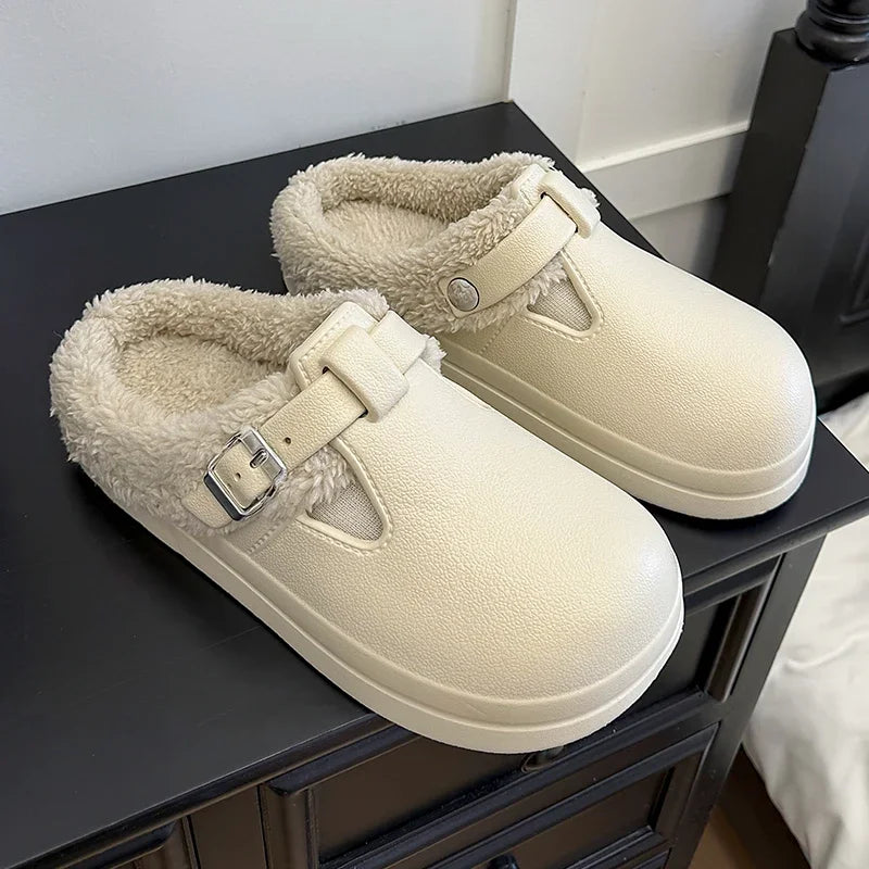 2025 New Waterproof Eva Fuzzy Mules Women Winter Warm Fluffy Slippers Soft Thick Sole Anti Slip Indoor Shoes