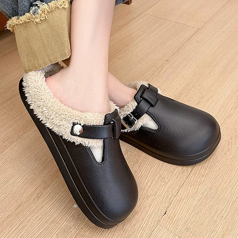 2025 New Waterproof Eva Fuzzy Mules Women Winter Warm Fluffy Slippers Soft Thick Sole Anti Slip Indoor Shoes