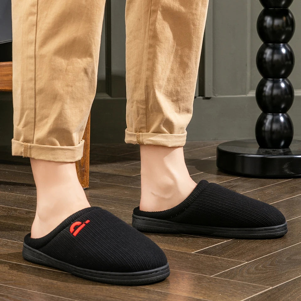 Warm Embroidered  slippers men TPR Memory foam Platform Cushion Soft Non Slip Stripe Comfortable Living Room Shoes High Quality