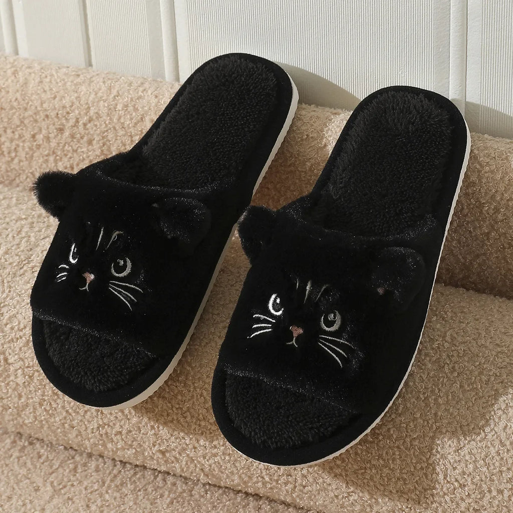 Faux Fur Cat Home Slippers for Couple Winter 2025 Warm Plush Soft Sole House Shoes Woman Plus Size 36-45 Non Slip Indoor Slides
