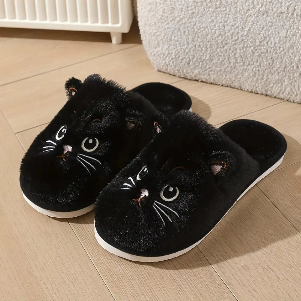 Womens Plush Cat Slippers Winter Warm Cozy Indoor House Shoes Soft EVA Sole Non-Slip Design