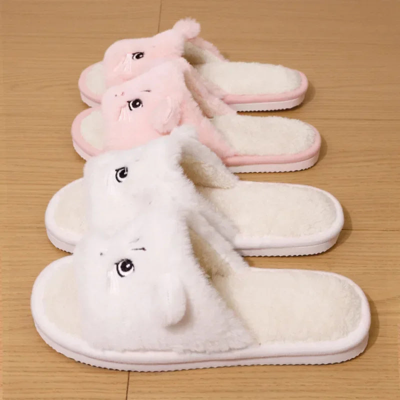 Faux Fur Cat Home Slippers for Couple Winter 2025 Warm Plush Soft Sole House Shoes Woman Plus Size 36-45 Non Slip Indoor Slides