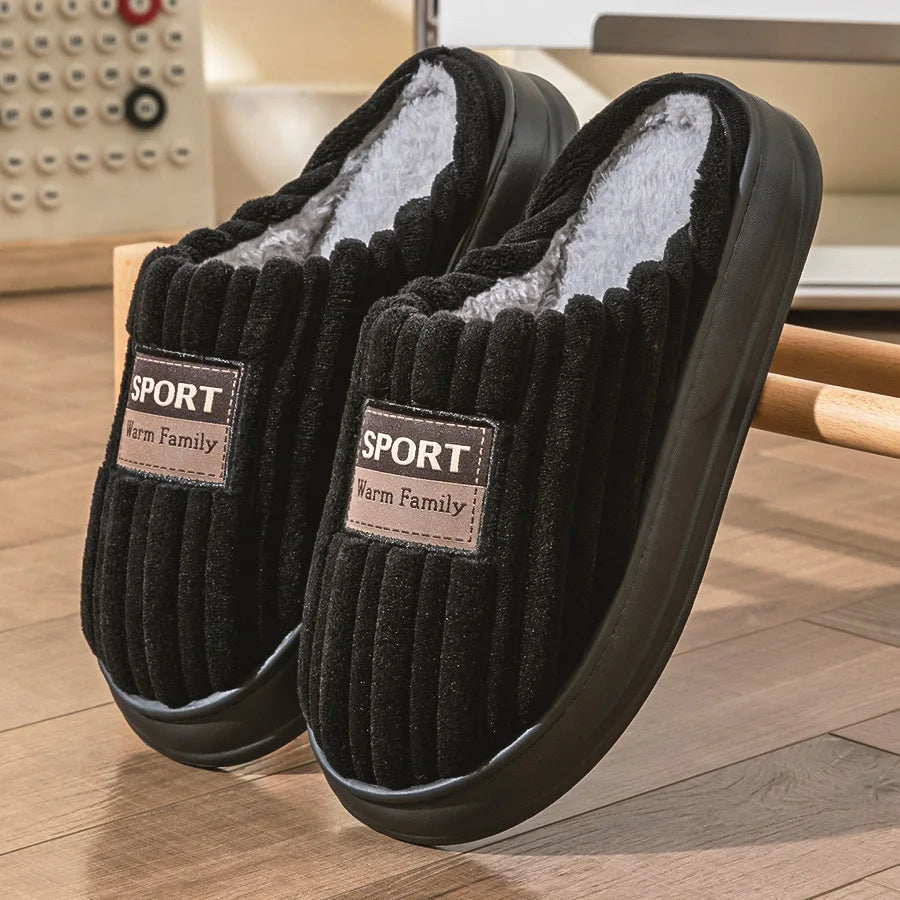 Pmoiste Soft Flannel House Slippers Men Strip Upper Designer Warm Cushion Memory Foam Living Room Shoes Slip-on Winter Indoor