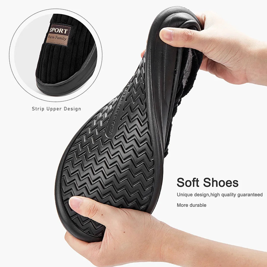 Pmoiste Soft Flannel House Slippers Men Strip Upper Designer Warm Cushion Memory Foam Living Room Shoes Slip-on Winter Indoor