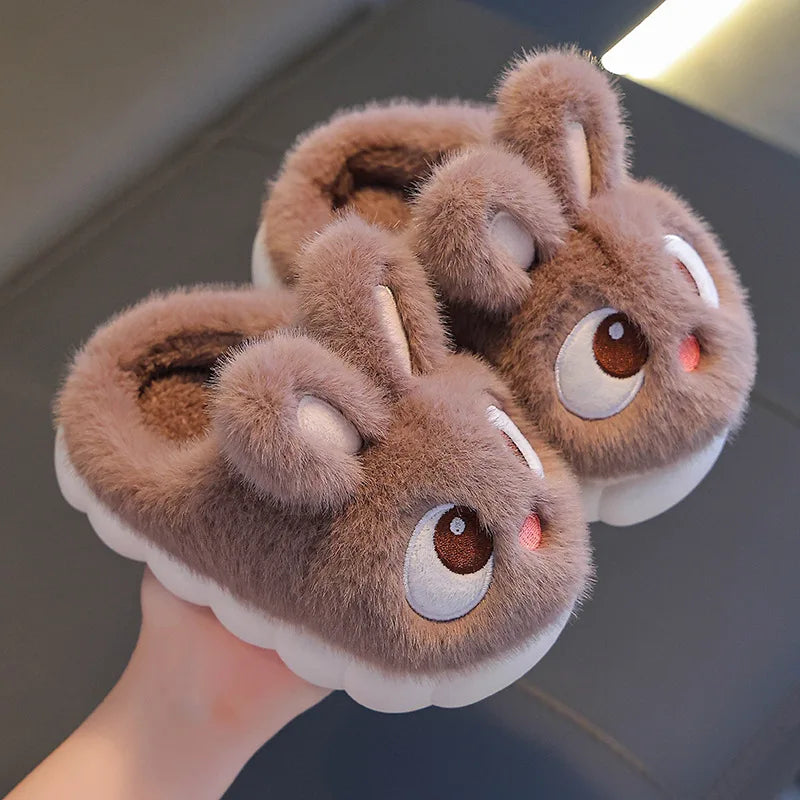 Winter Children's Cotton Shoes 2025 New Cute Rabbits Warm Plush Girls' Slippers Faux Fur Anti Slip Flat Boys' Home Slippers