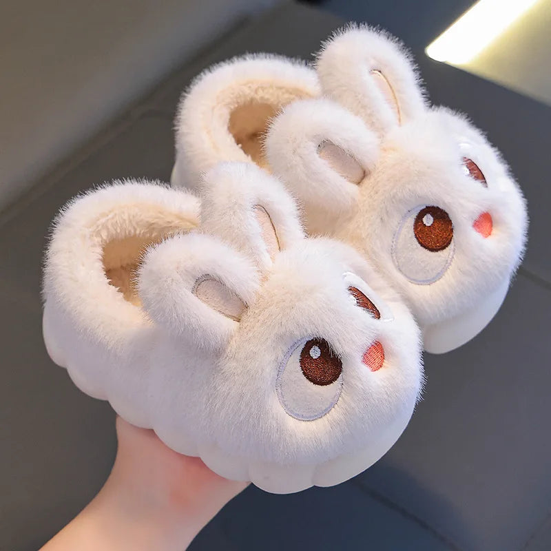 Winter Children's Cotton Shoes 2025 New Cute Rabbits Warm Plush Girls' Slippers Faux Fur Anti Slip Flat Boys' Home Slippers