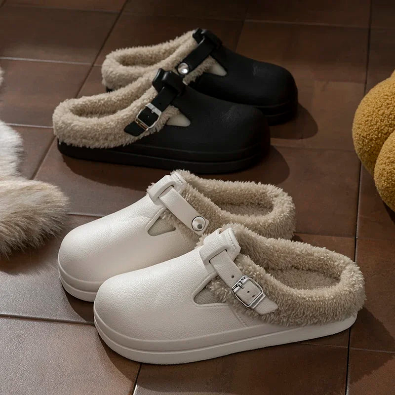 2025 New Waterproof Eva Fuzzy Mules Women Winter Warm Fluffy Slippers Soft Thick Sole Anti Slip Indoor Shoes