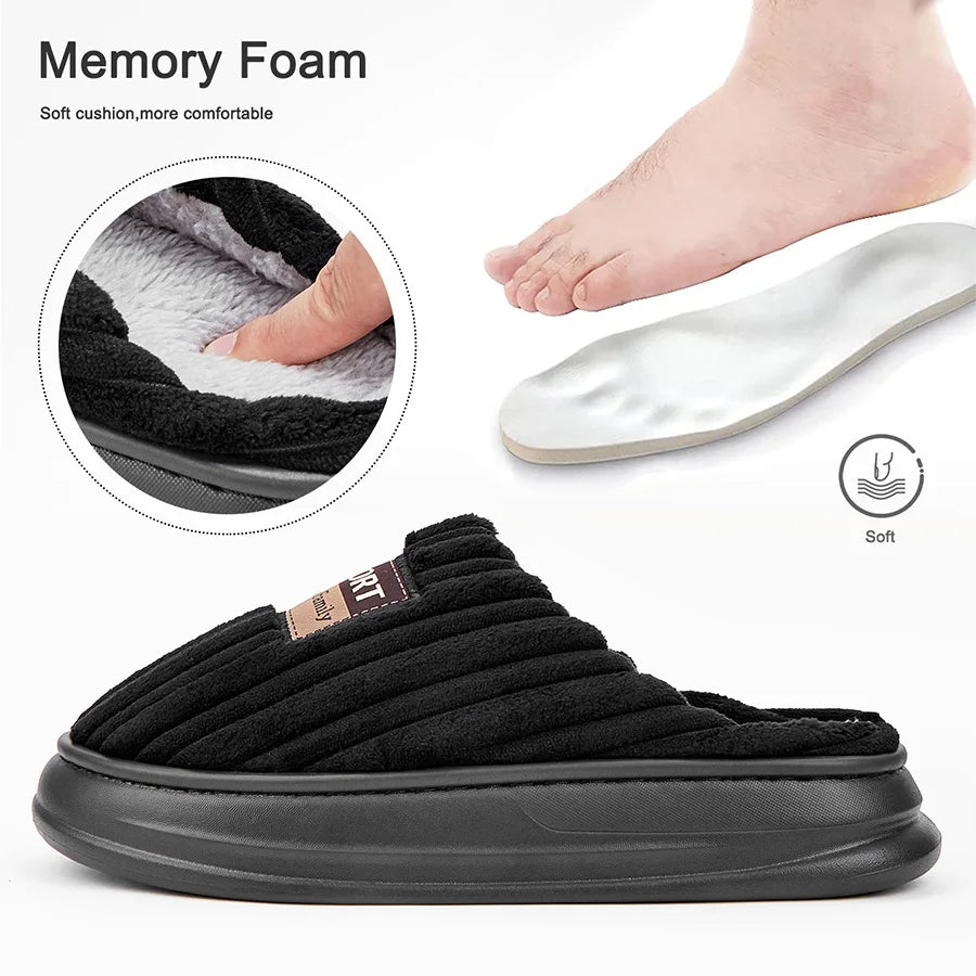 Pmoiste Soft Flannel House Slippers Men Strip Upper Designer Warm Cushion Memory Foam Living Room Shoes Slip-on Winter Indoor