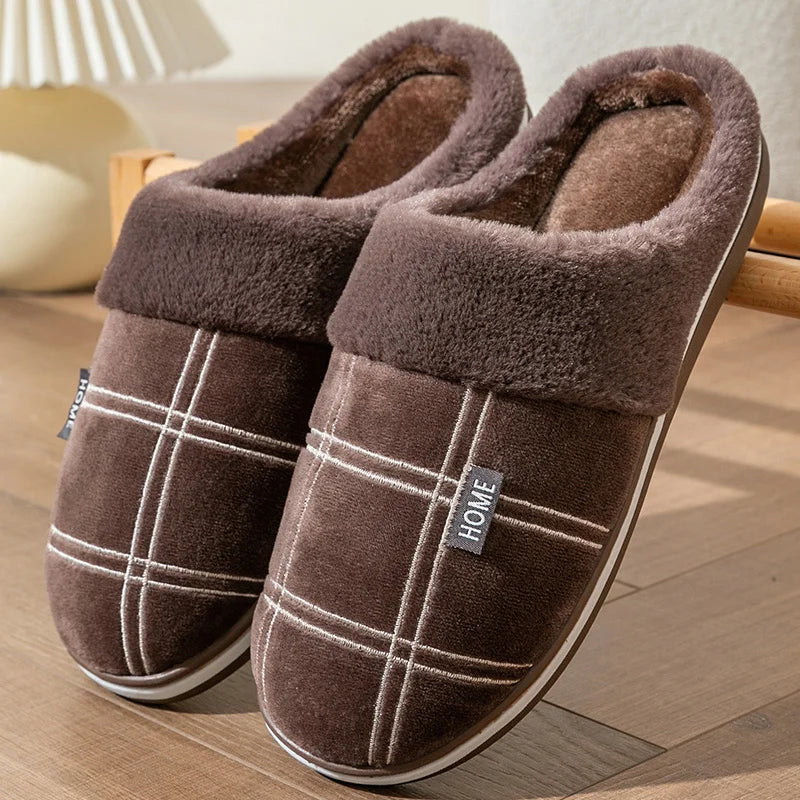 Men Home Slippers Plaid Memory Foam Winter Plush Male Indoor Shoes Warm Soft Non-Slip Slippers Black Large size 50-51 Fashion