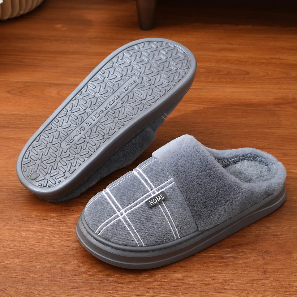 Men Home Slippers Plaid Memory Foam Winter Plush Male Indoor Shoes Warm Soft Non-Slip Slippers Black Large size 50-51 Fashion