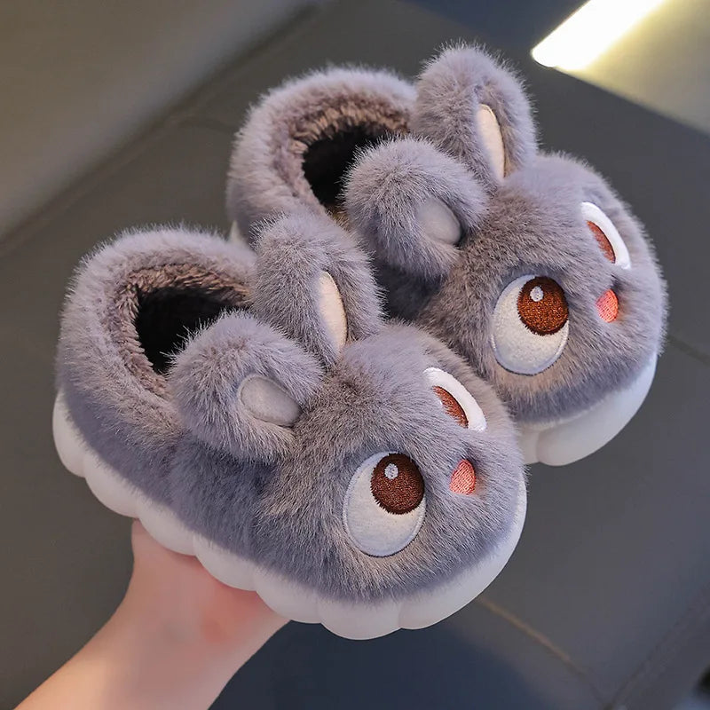Winter Children's Cotton Shoes 2025 New Cute Rabbits Warm Plush Girls' Slippers Faux Fur Anti Slip Flat Boys' Home Slippers