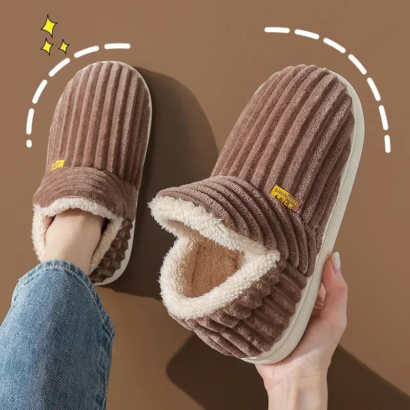 Winter Couple Style Concise Solid Color Wrap Heels Plush Slippers Non-slip Warm Flip Flops Women Men Home Casual Cotton Shoes