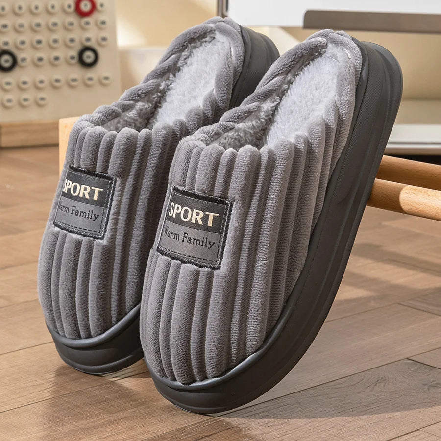 Pmoiste Soft Flannel House Slippers Men Strip Upper Designer Warm Cushion Memory Foam Living Room Shoes Slip-on Winter Indoor