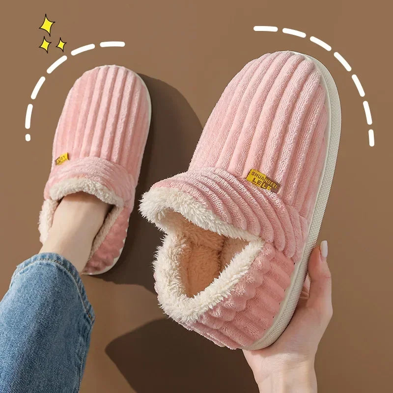 Winter Couple Style Concise Solid Color Wrap Heels Plush Slippers Non-slip Warm Flip Flops Women Men Home Casual Cotton Shoes