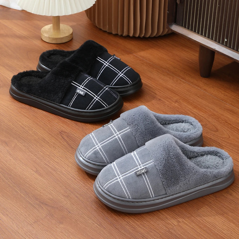 Men Home Slippers Plaid Memory Foam Winter Plush Male Indoor Shoes Warm Soft Non-Slip Slippers Black Large size 50-51 Fashion