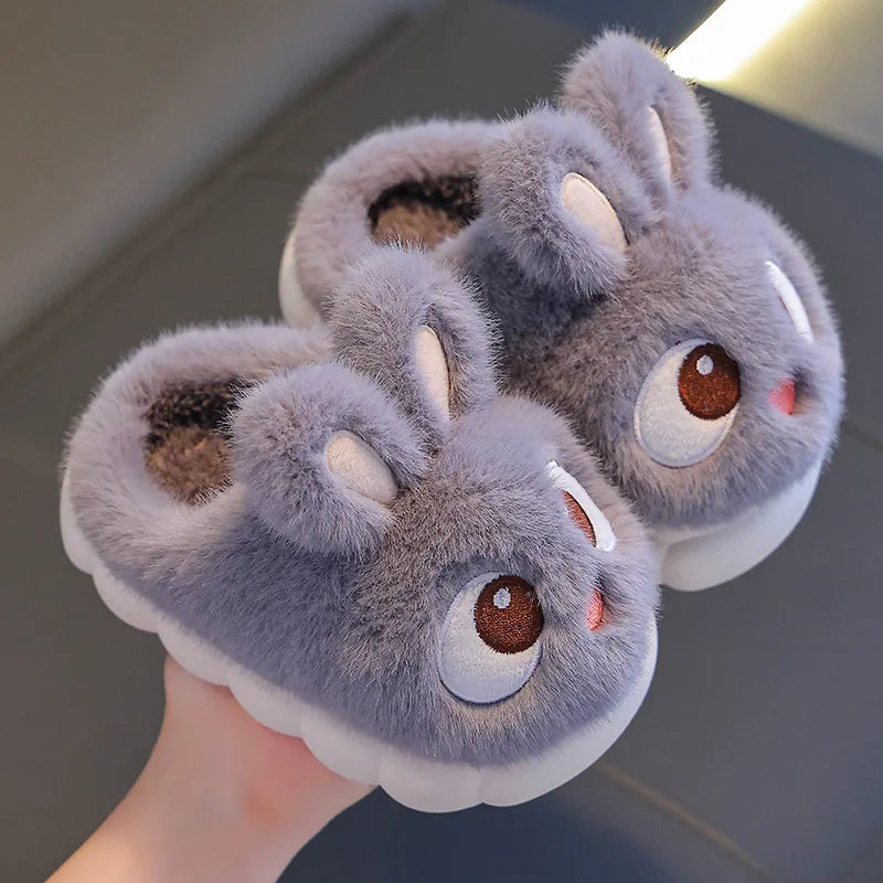 Winter Children's Cotton Shoes 2025 New Cute Rabbits Warm Plush Girls' Slippers Faux Fur Anti Slip Flat Boys' Home Slippers