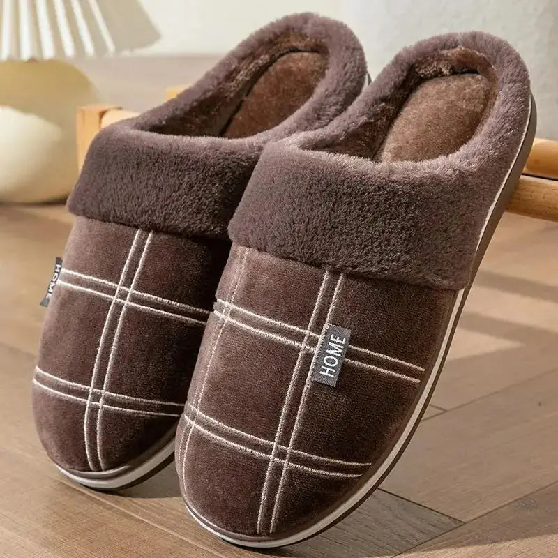 Men Home Slippers Plaid Memory Foam Winter Plush Male Indoor Shoes Warm Soft Non-Slip Slippers Black Large size 50-51 Fashion