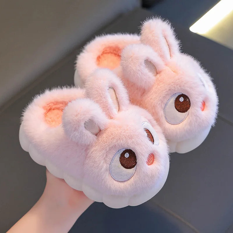 Winter Children's Cotton Shoes 2025 New Cute Rabbits Warm Plush Girls' Slippers Faux Fur Anti Slip Flat Boys' Home Slippers