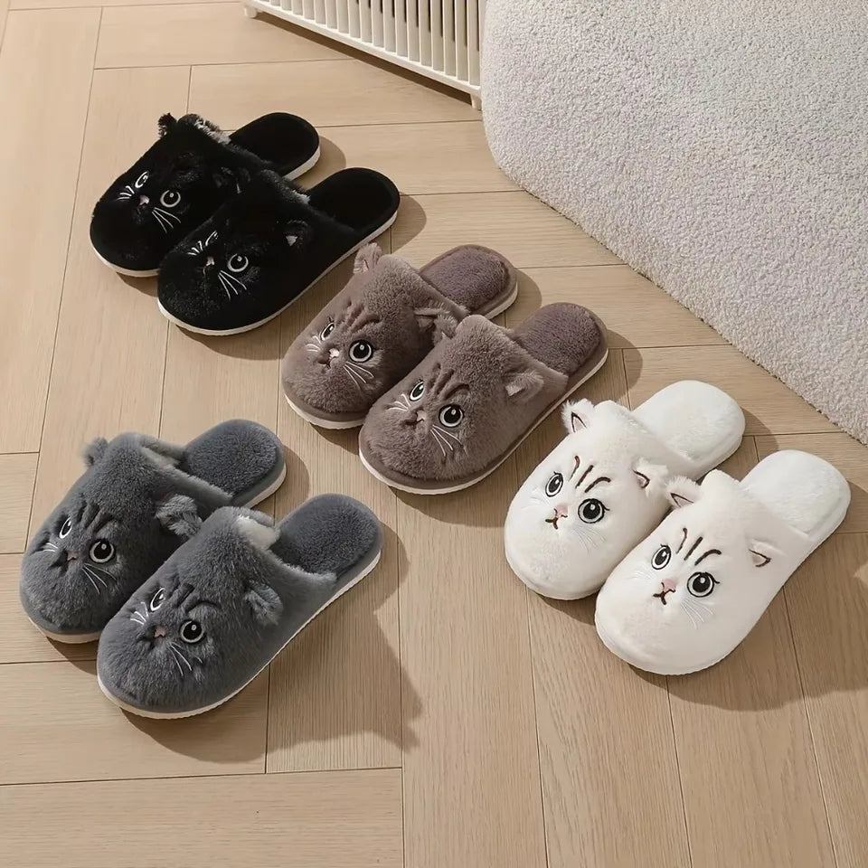 Womens Plush Cat Slippers Winter Warm Cozy Indoor House Shoes Soft EVA Sole Non-Slip Design