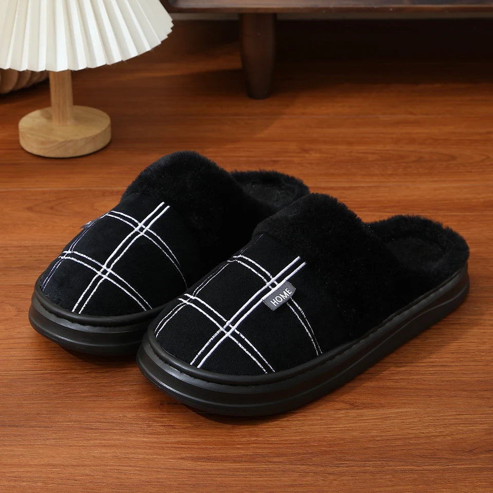 Men Home Slippers Plaid Memory Foam Winter Plush Male Indoor Shoes Warm Soft Non-Slip Slippers Black Large size 50-51 Fashion