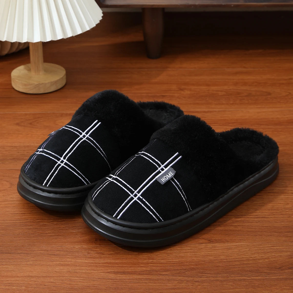 Men Home Slippers Plaid Memory Foam Winter Plush Male Indoor Shoes Warm Soft Non-Slip Slippers Black Large size 50-51 Fashion