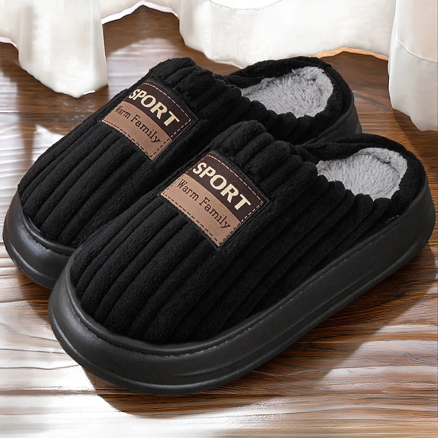 Pmoiste Soft Flannel House Slippers Men Strip Upper Designer Warm Cushion Memory Foam Living Room Shoes Slip-on Winter Indoor