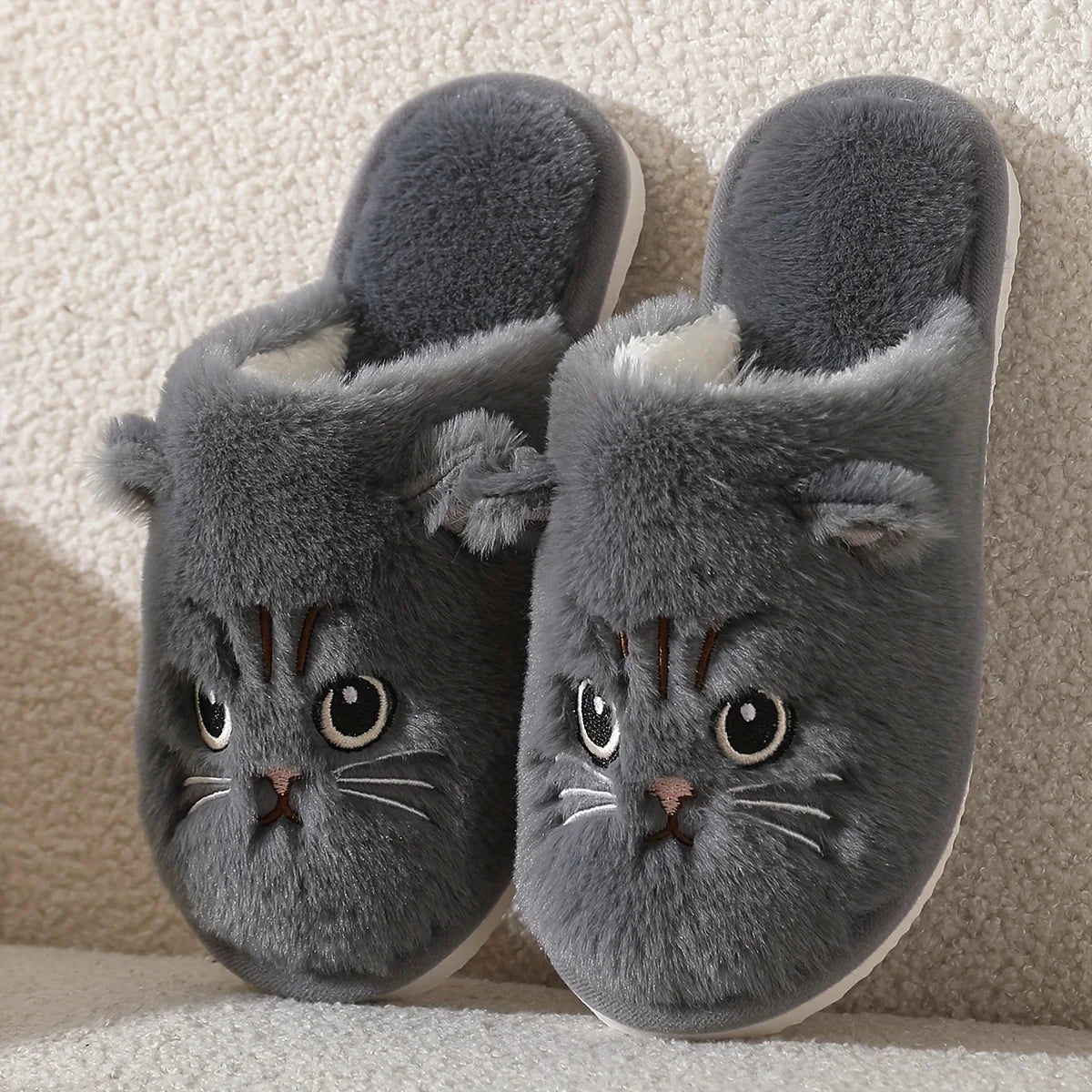 Womens Plush Cat Slippers Winter Warm Cozy Indoor House Shoes Soft EVA Sole Non-Slip Design