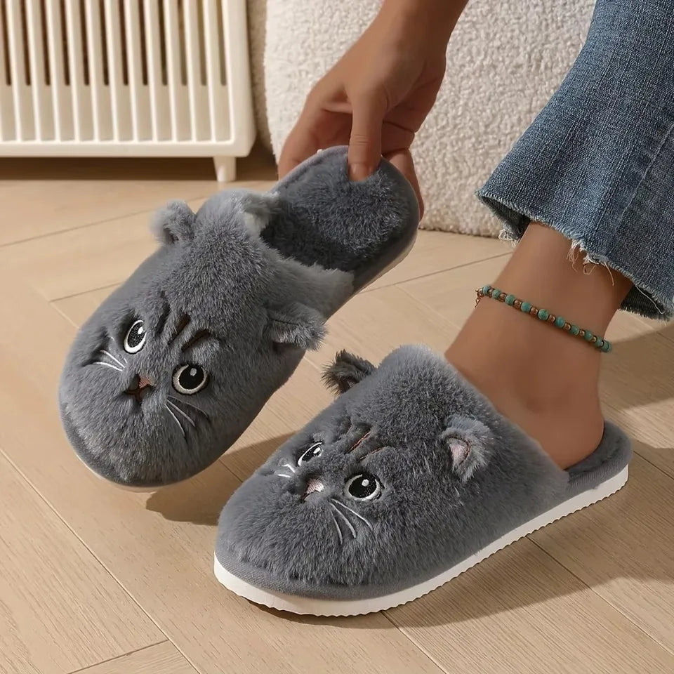 Womens Plush Cat Slippers Winter Warm Cozy Indoor House Shoes Soft EVA Sole Non-Slip Design