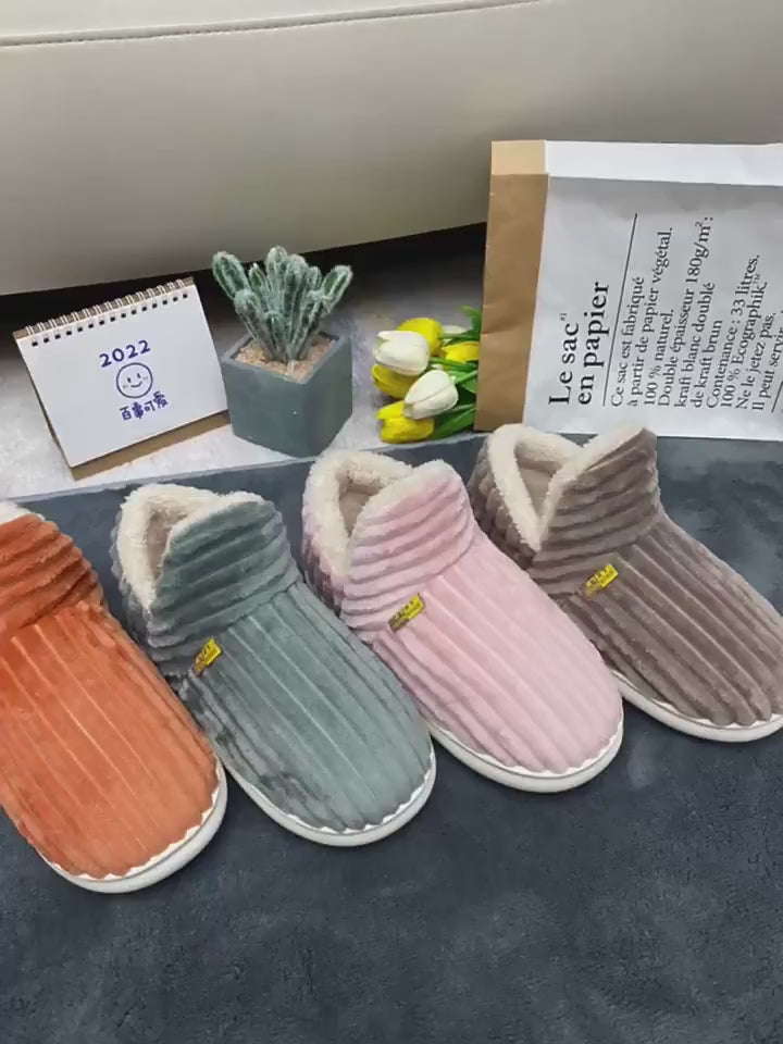 Winter Couple Style Concise Solid Color Wrap Heels Plush Slippers Non-slip Warm Flip Flops Women Men Home Casual Cotton Shoes